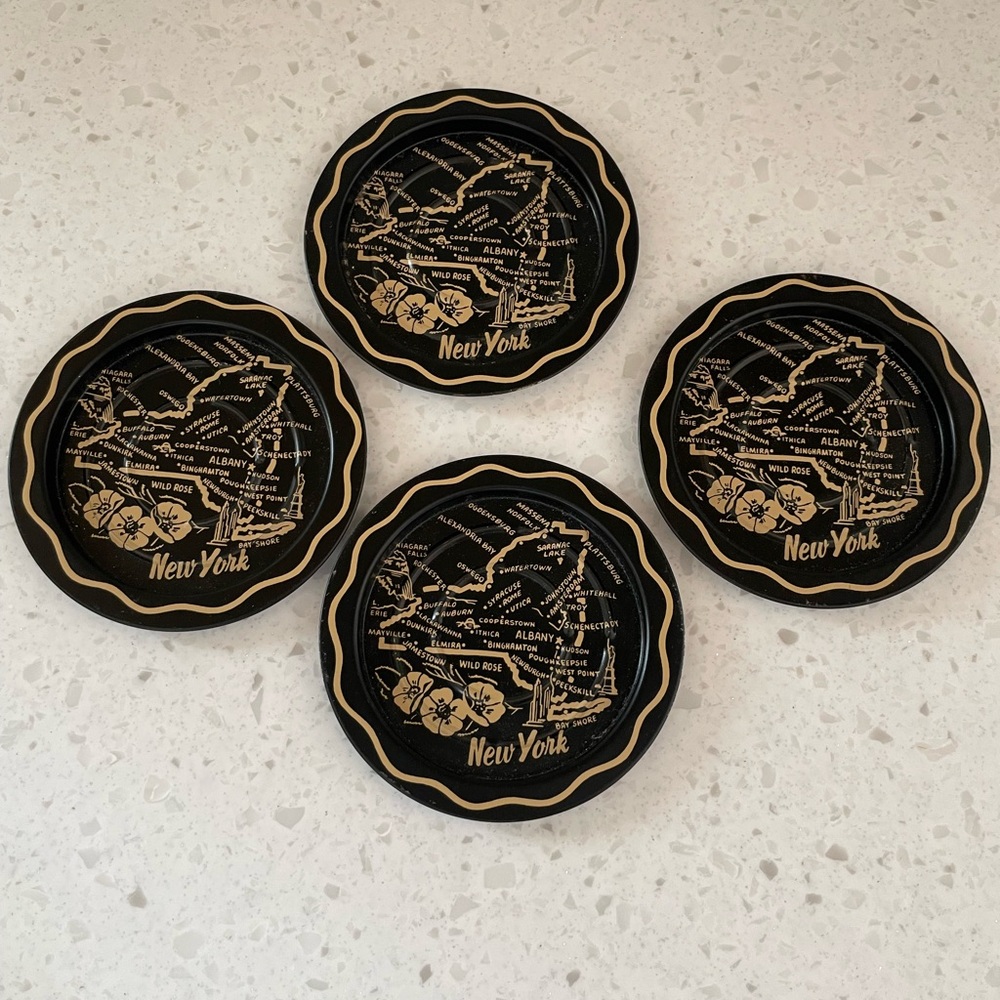 Vintage Black and Gold New York Metal Coasters Big Apple Classic Set of 4